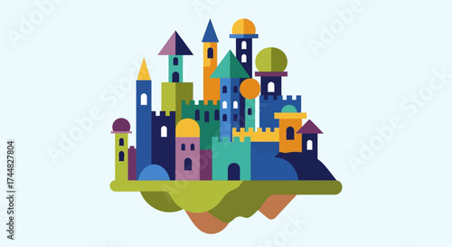 Colorful Floating Castle Illustration with Towers and Domes on Green Base.