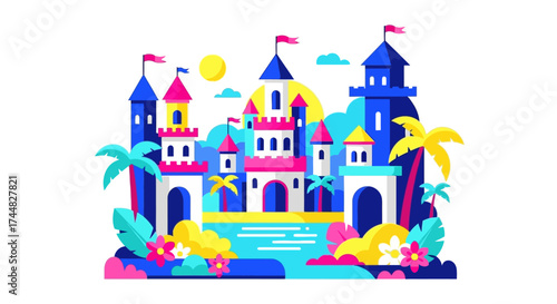 Colorful Fantasy Castle with Palm Trees and Water.