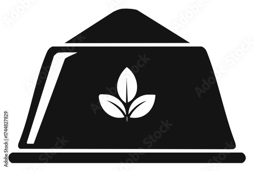Black food container illustration with white foliage plant logo. Fresh eco food