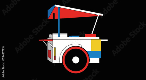 Colorful food cart illustration against a stark black background.