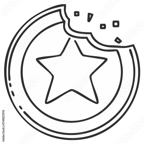 Bitten star cookie with crumbs hand drawn icon. Simple black and white line art illustration of a sweet treat.