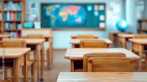 Wallpaper Mural Empty classroom: An inviting classroom, neatly arranged desks, the blackboard and world map with a globe present. This setup is all ready for education, learning, knowledge, and personal growth. Torontodigital.ca