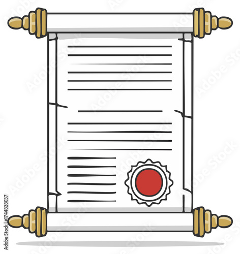 Cartoon scroll with seal on parchment document, illustration of old paper roll, charter or diploma design element