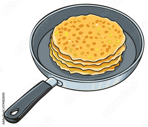 Stack of golden pancakes cooking in a skillet pan for a delicious breakfast or brunch treat.