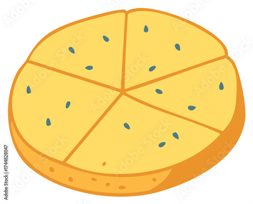 Cartoon Illustration of a Seeded Flatbread Cut into Equal Sections
