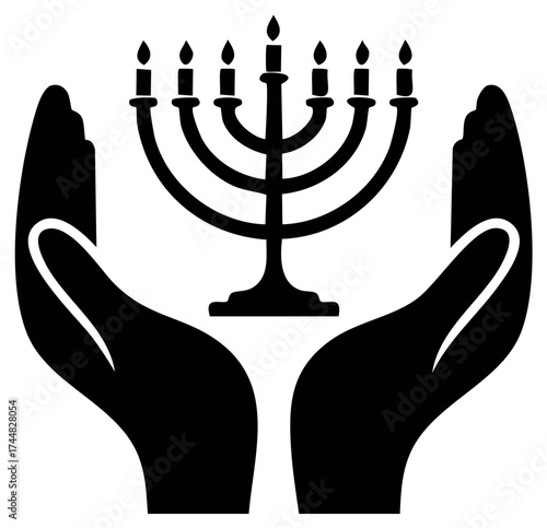 Hands cradling menorah symbol with seven lit candles representing Jewish faith and tradition
