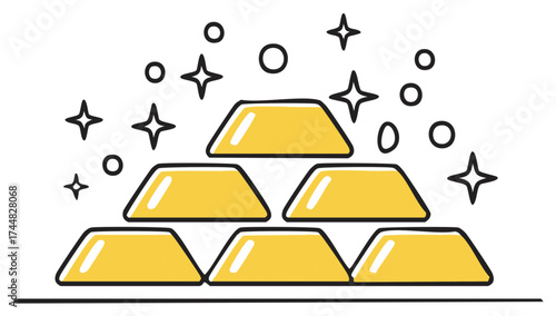 Cartoon Gold Bars Pile with Sparkles, Wealth and Success Graphic Element