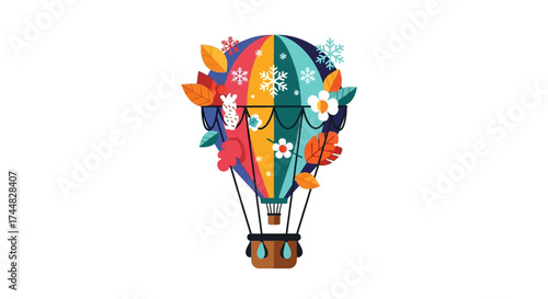 Colorful Hot Air Balloon Adorned with Vibrant Flowers and Leaves.