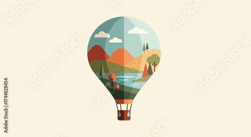 Colorful hot air balloon soaring above scenic landscape with trees and water.