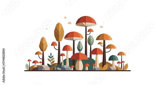 Colorful Mushroom Forest Illustration with Various Fungi and Plants.