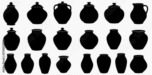 A collection of black silhouettes of various traditional clay pots, vases, and jars on a transparent background.