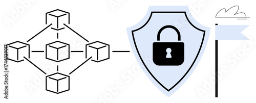 Cube-based blockchain network connected to shield with lock representing data security. Flag symbolizes trust. Ideal for cybersecurity, blockchain, technology, decentralized systems, privacy, trust