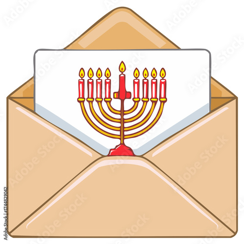 Open envelope reveals Hanukkah menorah, conveying Jewish holiday greetings and celebration, religious observance and traditions, and seasonal well wishes.