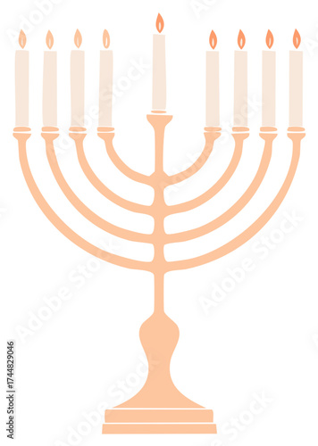 Hanukkah Menorah with Lit Candles for Celebration, Holiday, Religion, Traditional Symbol for Jewish Faith