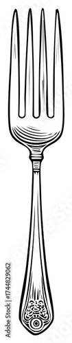 Classic dinner fork with ornate handle design isolated vector illustration