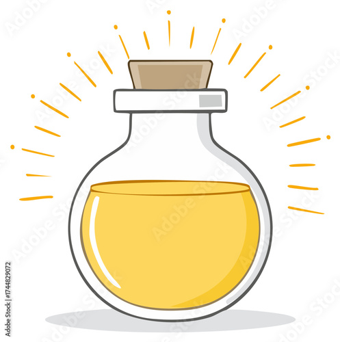 Clear glass bottle with cork stopper holding shimmering golden yellow liquid a magical elixir