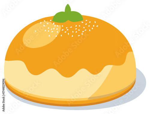 Orange bun illustration with green leaf topping and sesame seeds isolated