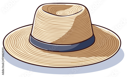 Classic straw fedora hat with wide brim and blue band vector illustration