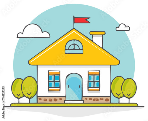 Charming Cottage Illustration with Yellow Roof, Trees, and Flag on Top