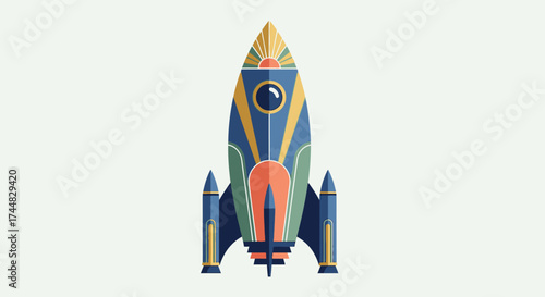 Colorful Rocket Ship Illustration with Intricate Design and Retro Aesthetic.