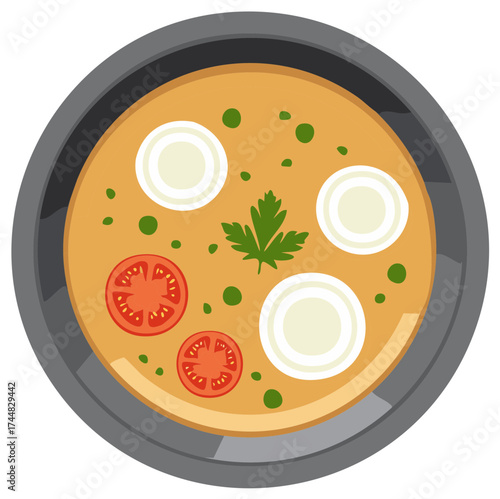 Bowl of Homemade Soup with Onions, Tomatoes and Parsley Topping