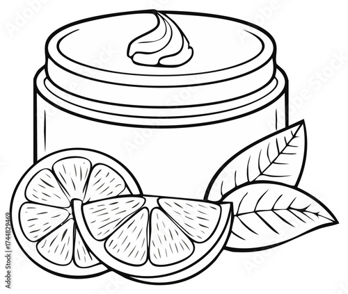 Outline illustration of cosmetic cream jar with citrus fruit and leaves