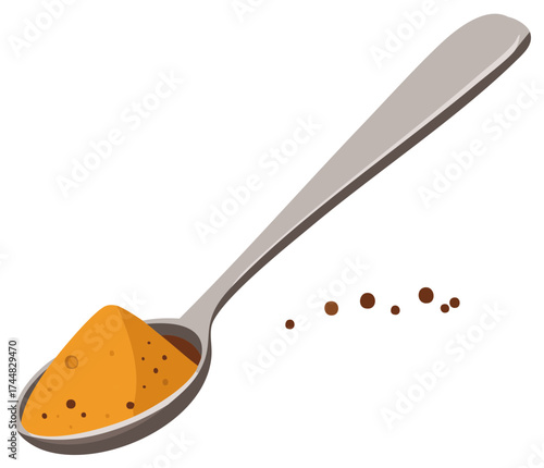 Spoon of vibrant turmeric spice with scattered powder and seeds