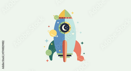 Colorful rocket ship with sun and moon design for space exploration.
