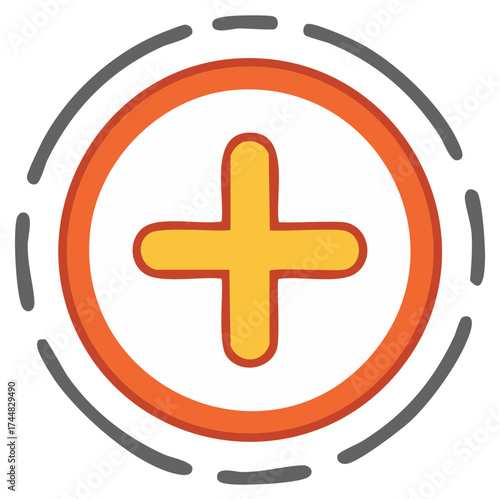 Bright yellow plus sign inside a bold orange circle with a dotted line halo