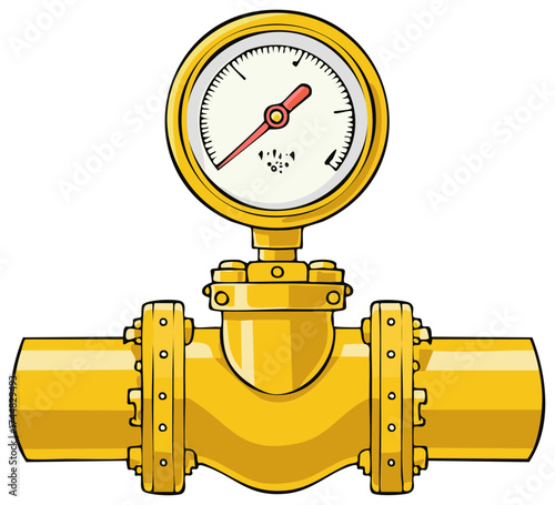 Cartoon Illustration of a Yellow Pipeline System with Pressure Gauge Meter