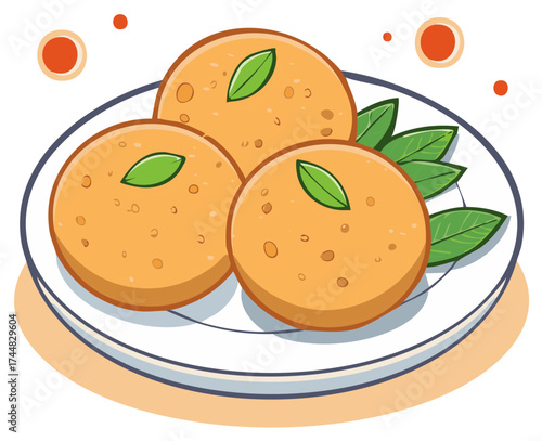 Sweet Laddu Indian Desserts on a Plate with Green Leaves and Orange Dots