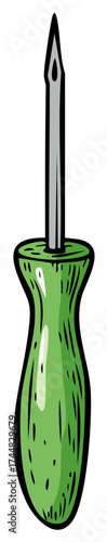 Cartoon illustration of an awl with a green handle for woodworking
