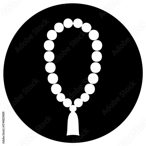Prayer Beads or Islamic Rosary Vector Icon with White Beads and Tassel on Black Background