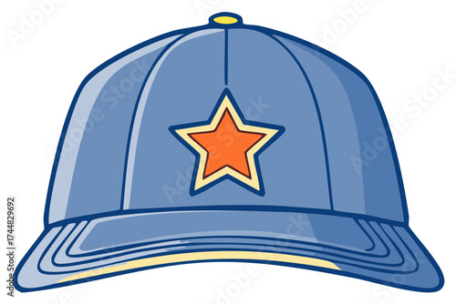 Blue baseball cap with vibrant orange star design, cartoon style vector illustration