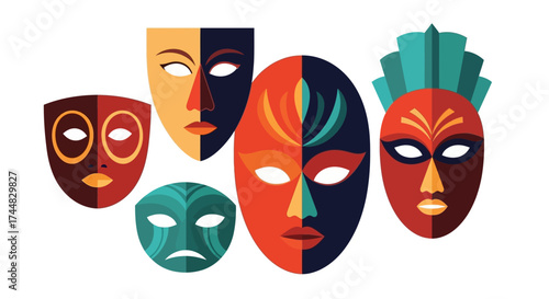 Colorful tribal masks representing diverse emotions and cultural heritage.