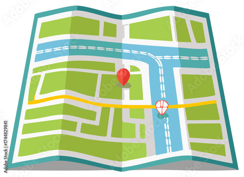 Folded map illustration with route highlighted and location markers, travel concept