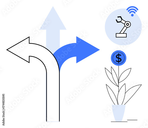 Arrows indicating choices, robotic arm in a tech signal circle, plant with dollar sign. Ideal for decision-making, technology, finance, innovation, strategy investment growth. Simple flat metaphor