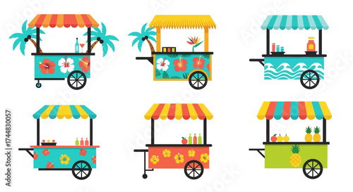 Colorful Tropical Food Carts with Festive Decorations and Refreshments.