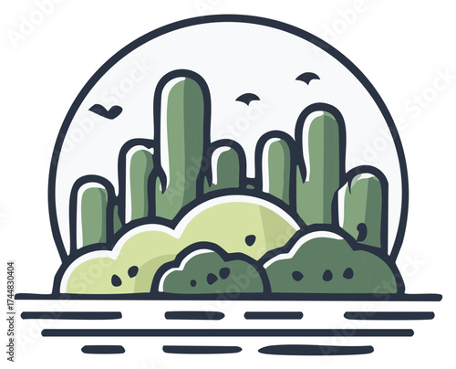 Stylized cacti, desert plants, hills, birds, and water illustrated in a circular emblem