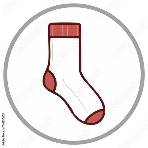 Stylized sock icon inside gray circle, minimal design, showing red details on sock, heel, toe, and ankle, isolated on white.