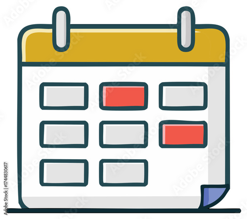 Cartoon Calendar Icon with highlighted days and dates in yellow, blue, and red