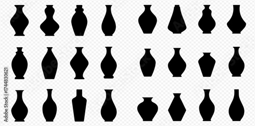 Collection of twenty-four black vase silhouettes showcasing diverse shapes and forms on a transparent background.