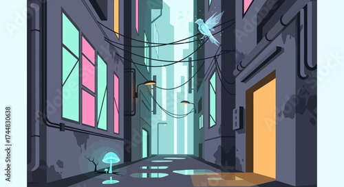 Dark urban alleyway with glowing windows and wires, a mysterious and atmospheric scene.
