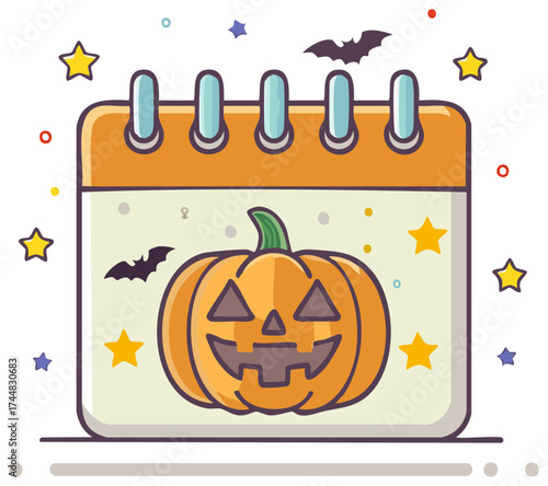 Cute Halloween calendar icon with smiling Jack-o'-lantern, bats, and stars. Holiday event reminder illustration.