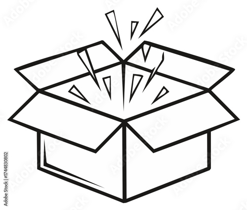 Outline drawing of open box with geometric shapes emanating upward suggesting surprise celebration or special delivery