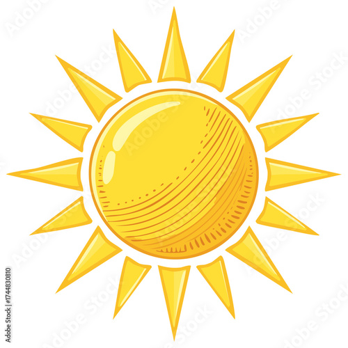 Bright Yellow Sun with Sharp Rays and Sketch Detail Vector Illustration