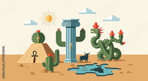 Desert fantasy scene with mythical creatures and ancient symbols.