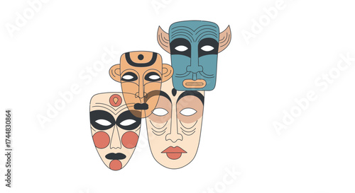 Diverse Collection of Tribal Masks with Unique Facial Expressions.