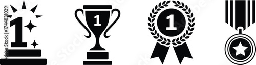 Award icons set featuring pedestal, trophy, laurel wreath, and medal in black and white for victory, recognition, and achievement