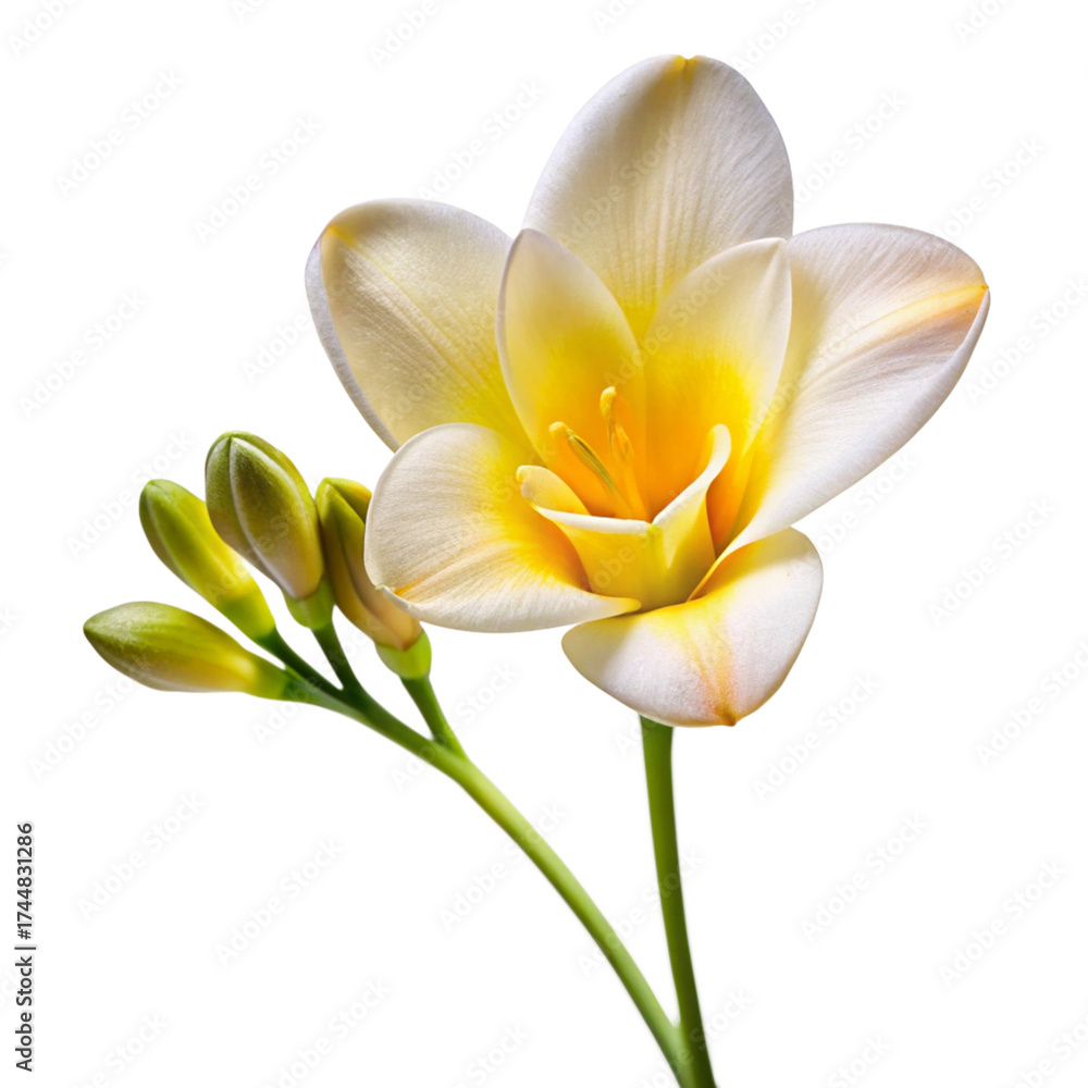 Fototapeta premium A single yellow and white freesia flower with buds, isolated on transparent background